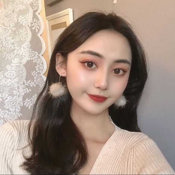 Furry Fur Ball Wood Hook Earrings - Picture 14 of 15